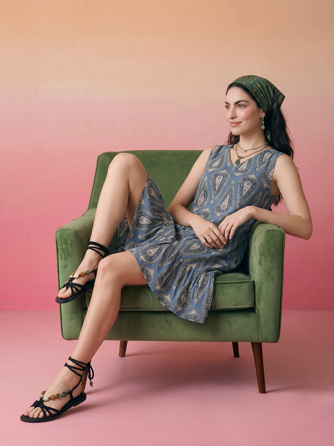 Janasya Blue A-Line Cotton Dress - Dista