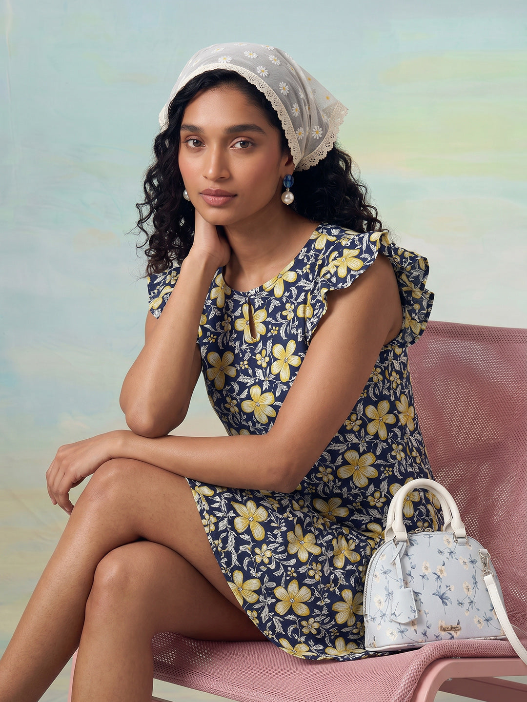 Janasya Navy Blue A-Line Cotton Dress - Dista