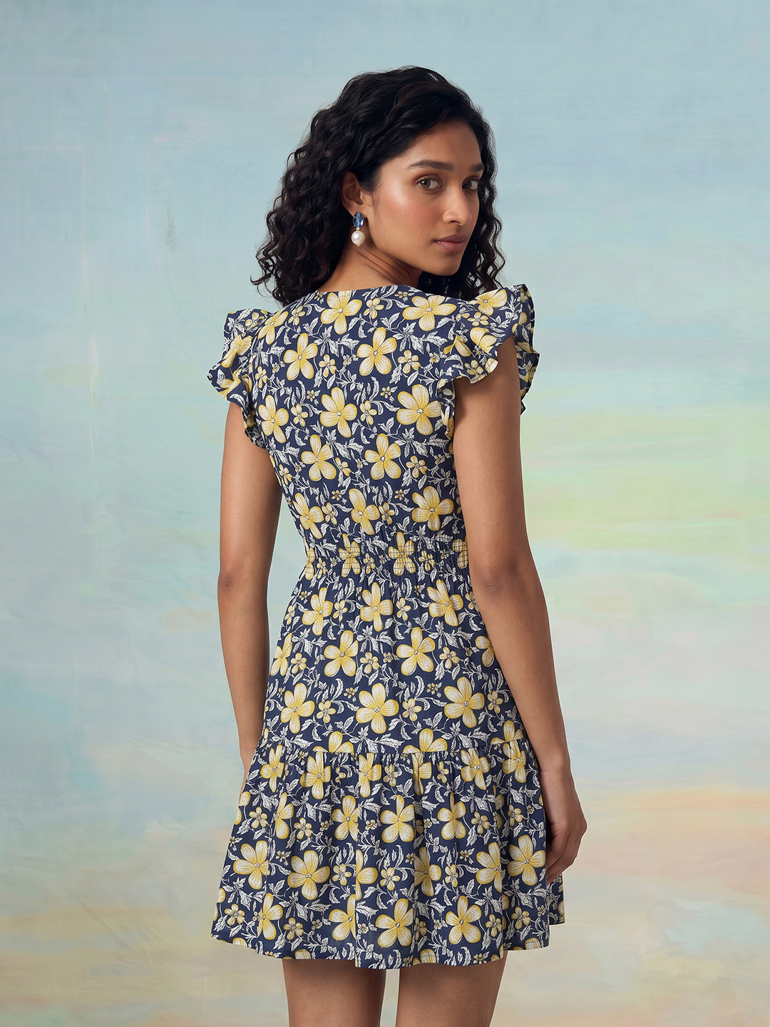 Janasya Navy Blue A-Line Cotton Dress - Dista