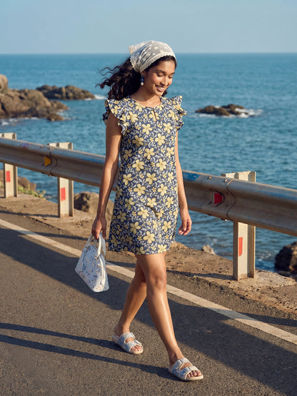 Janasya Navy Blue A-Line Cotton Dress - Dista