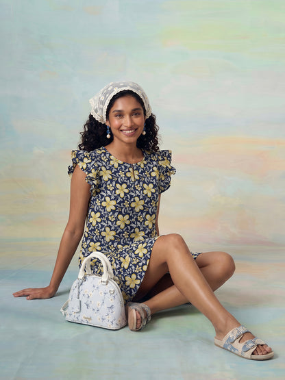 Janasya Navy Blue A-Line Cotton Dress - Dista