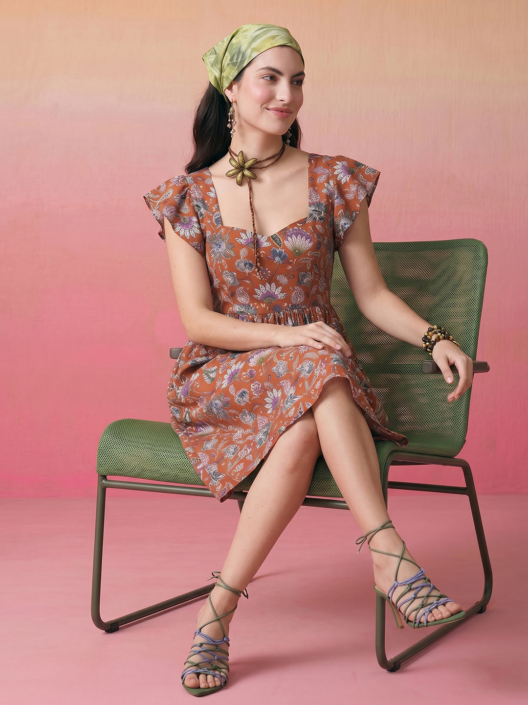 Janasya Rust A-Line Cotton Dress - Dista