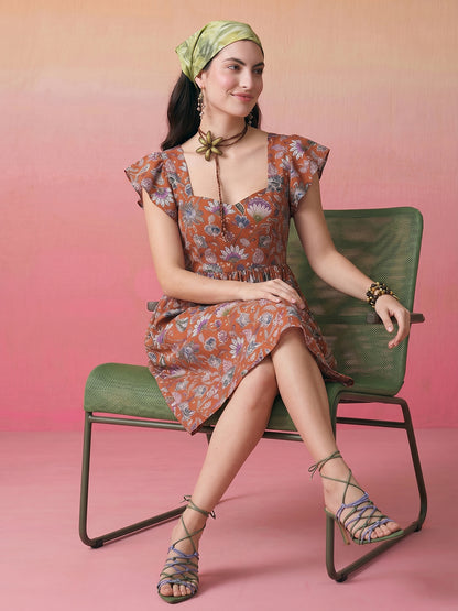 Janasya Rust A-Line Cotton Dress - Dista