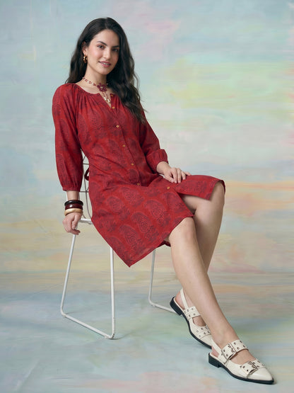 Janasya Maroon A-Line Cotton Dress - Dista