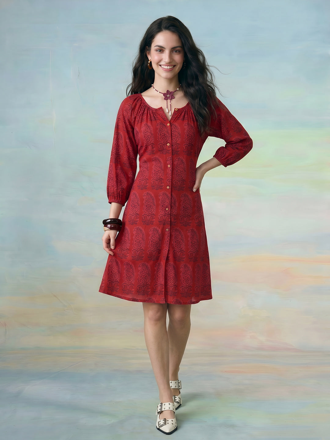 Janasya Maroon A-Line Cotton Dress - Dista