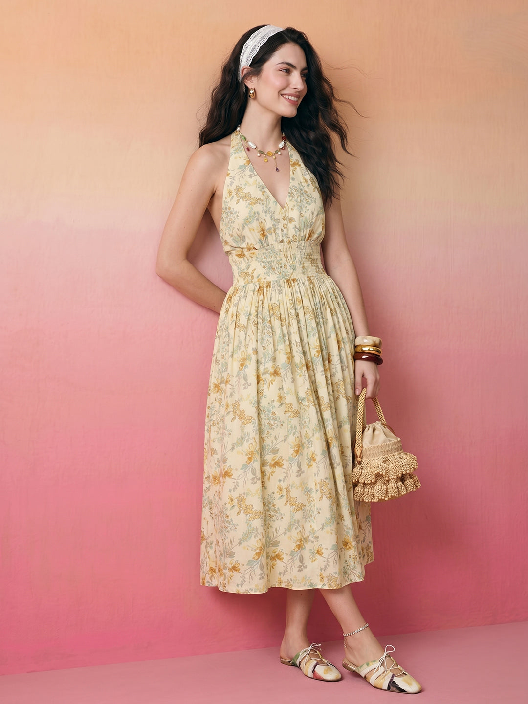 Janasya Light Yellow Fit & Flare Cotton Dress - Dista
