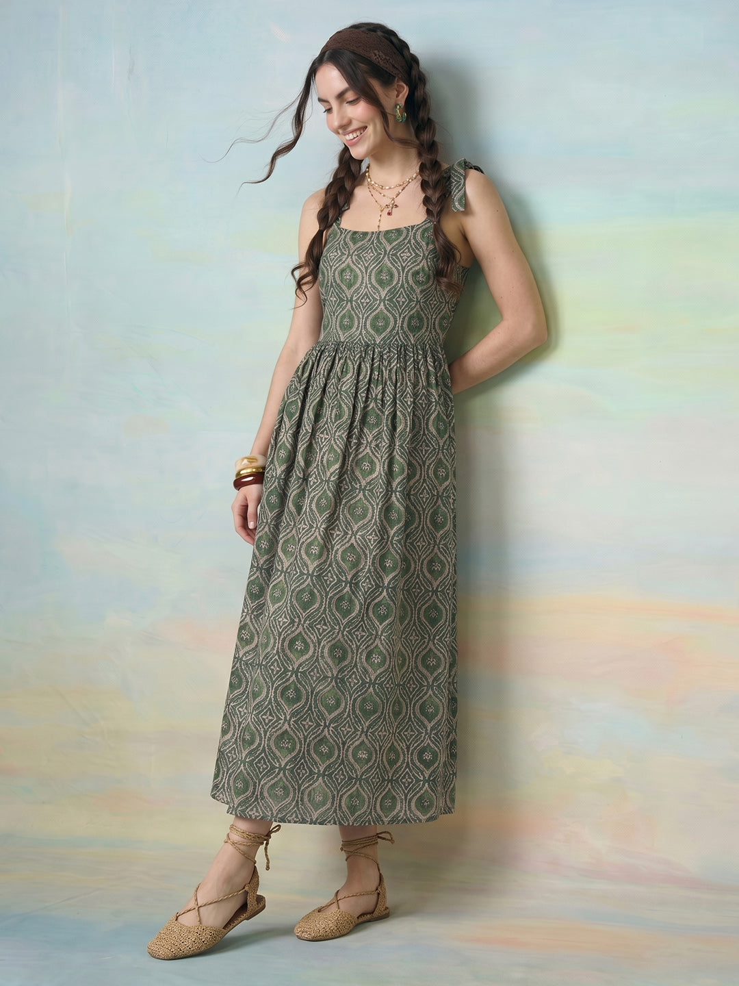 Janasya Green Fit & Flare Cotton Dress - Dista