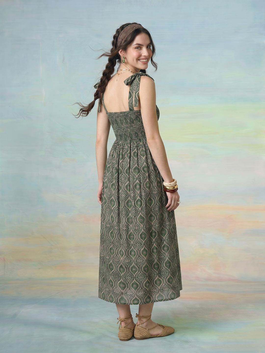 Janasya Green Fit & Flare Cotton Dress - Dista