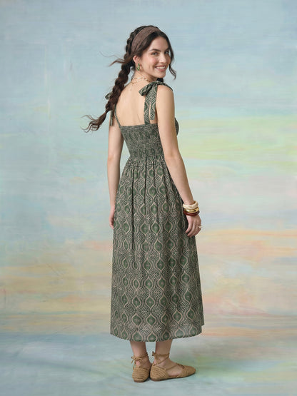 Janasya Green Fit & Flare Cotton Dress - Dista