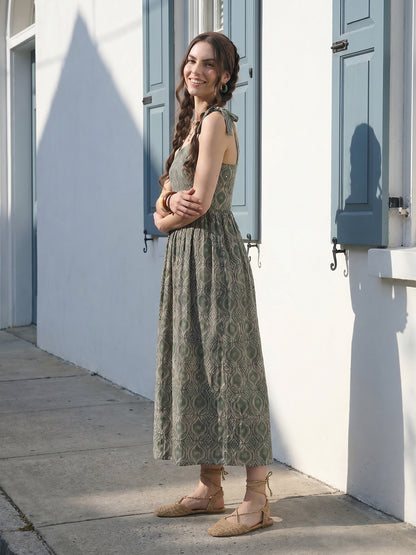 Janasya Green Fit & Flare Cotton Dress - Dista