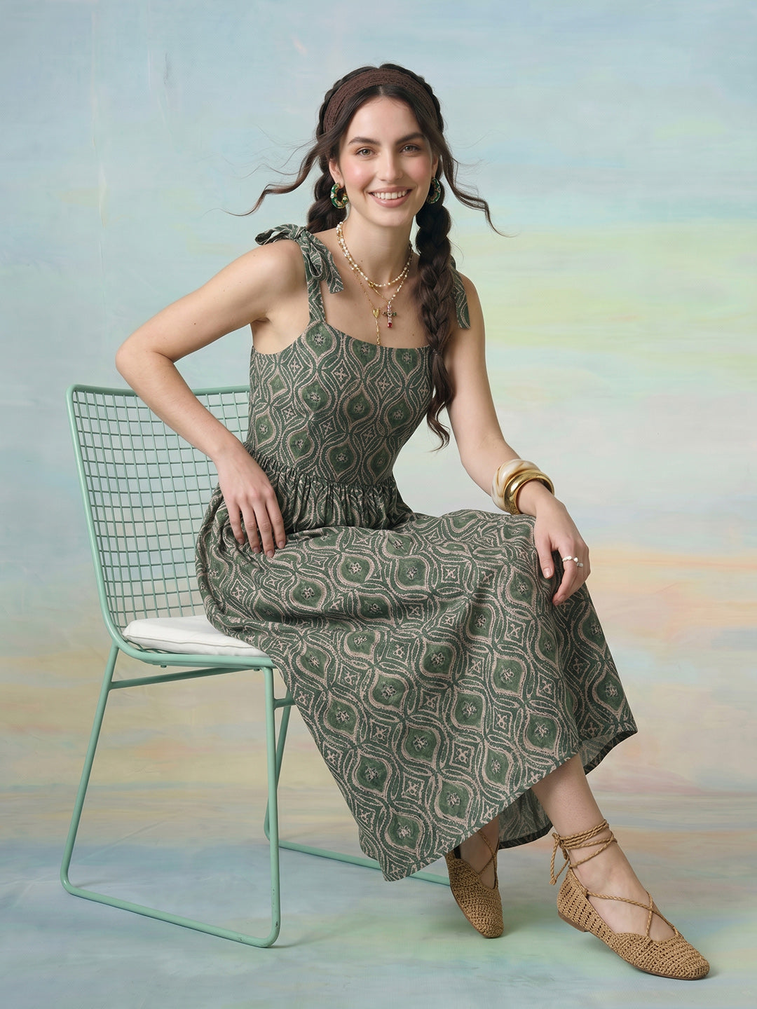 Janasya Green Fit & Flare Cotton Dress - Dista
