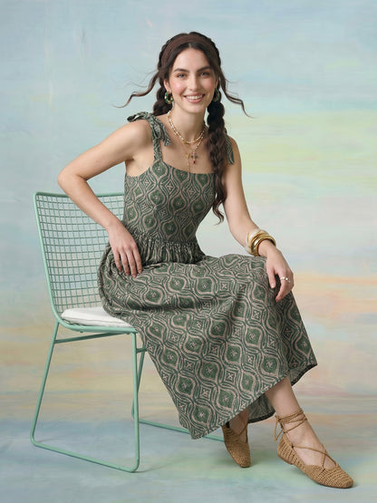 Janasya Green Fit & Flare Cotton Dress - Dista