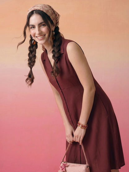 Janasya Brown A-Line Rayon Dress - Dista
