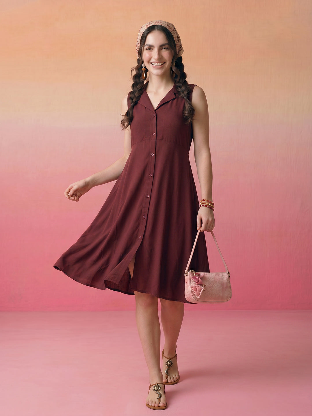 Janasya Brown A-Line Rayon Dress - Dista
