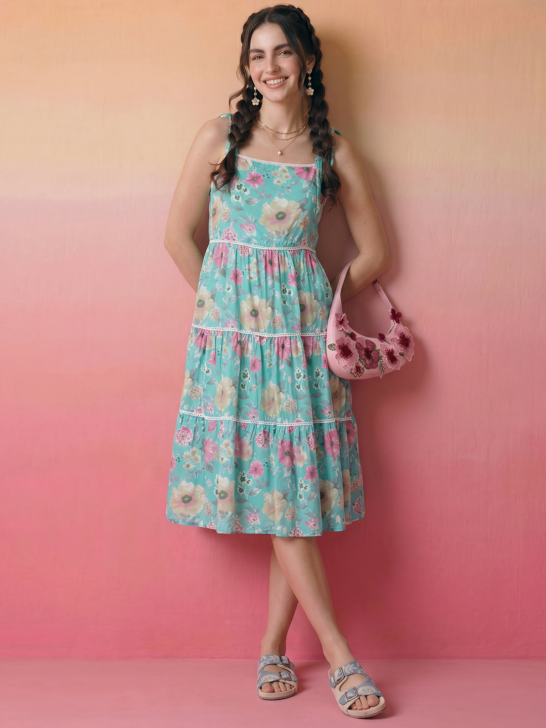 Janasya Sky Blue Tiered Cotton Dress - Dista