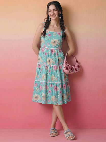 Janasya Sky Blue Tiered Cotton Dress - Dista