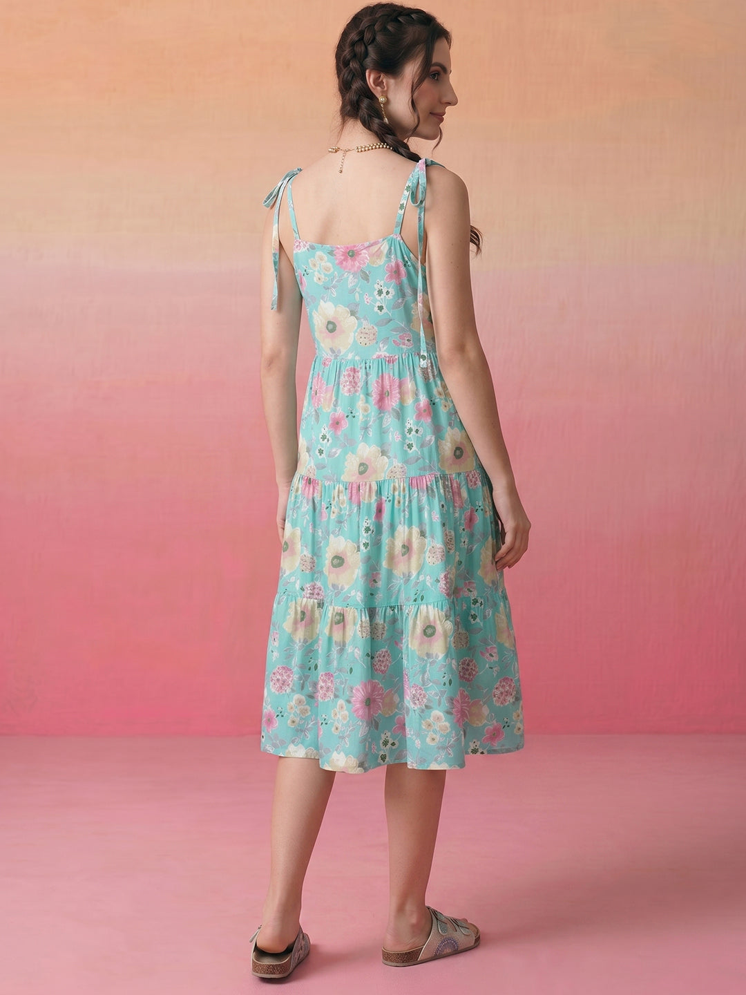 Janasya Sky Blue Tiered Cotton Dress - Dista