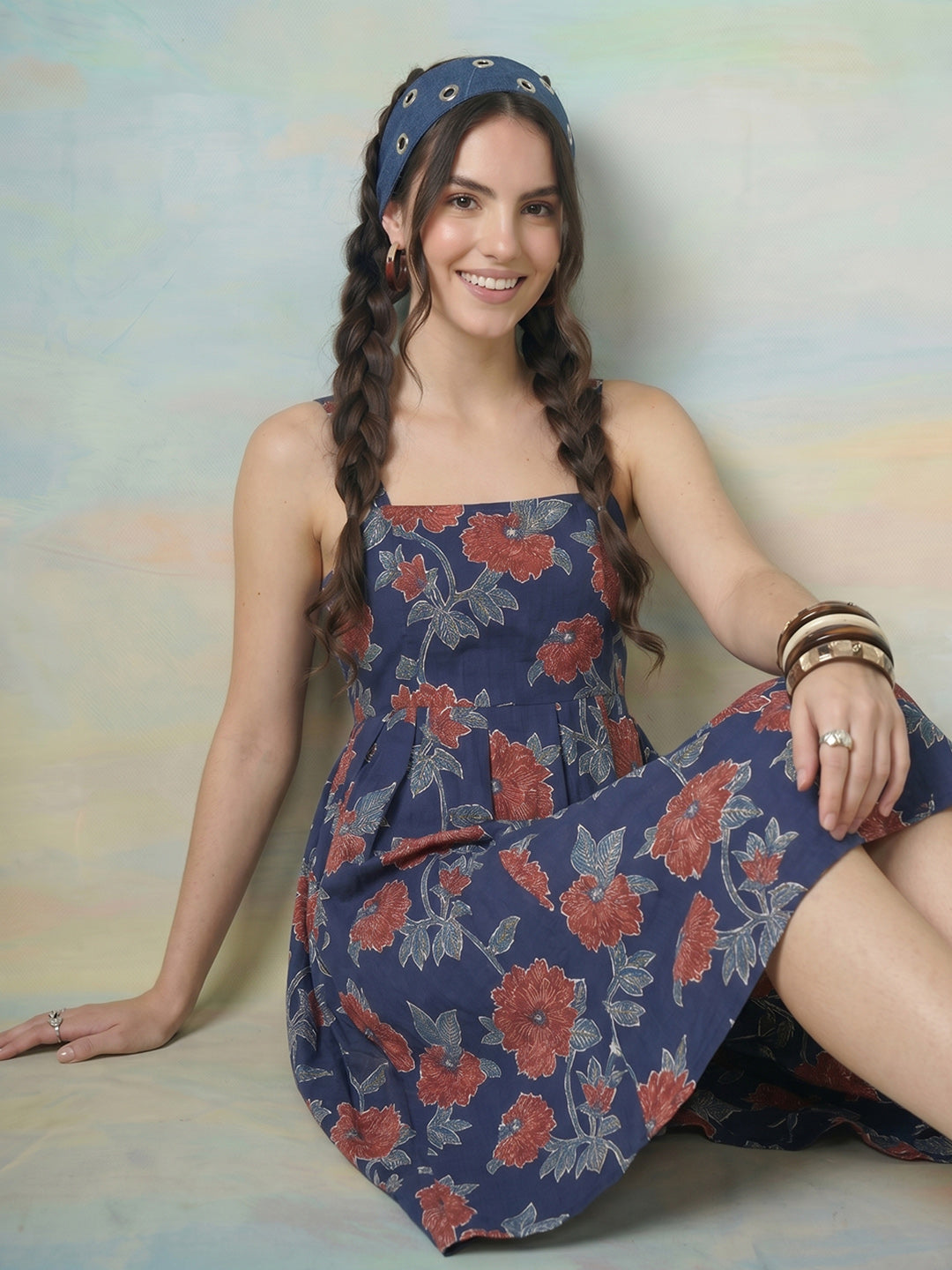 Janasya Navy Blue A-Line Cotton Dress - Dista