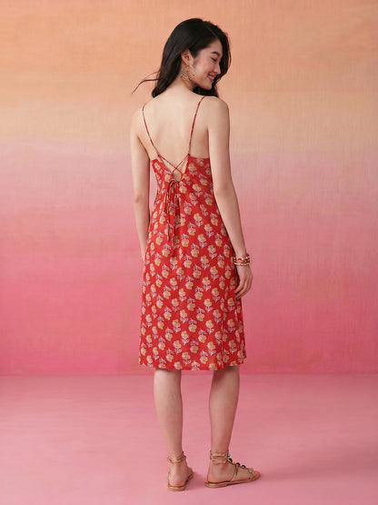Janasya Red A-Line Cotton Dress - Dista