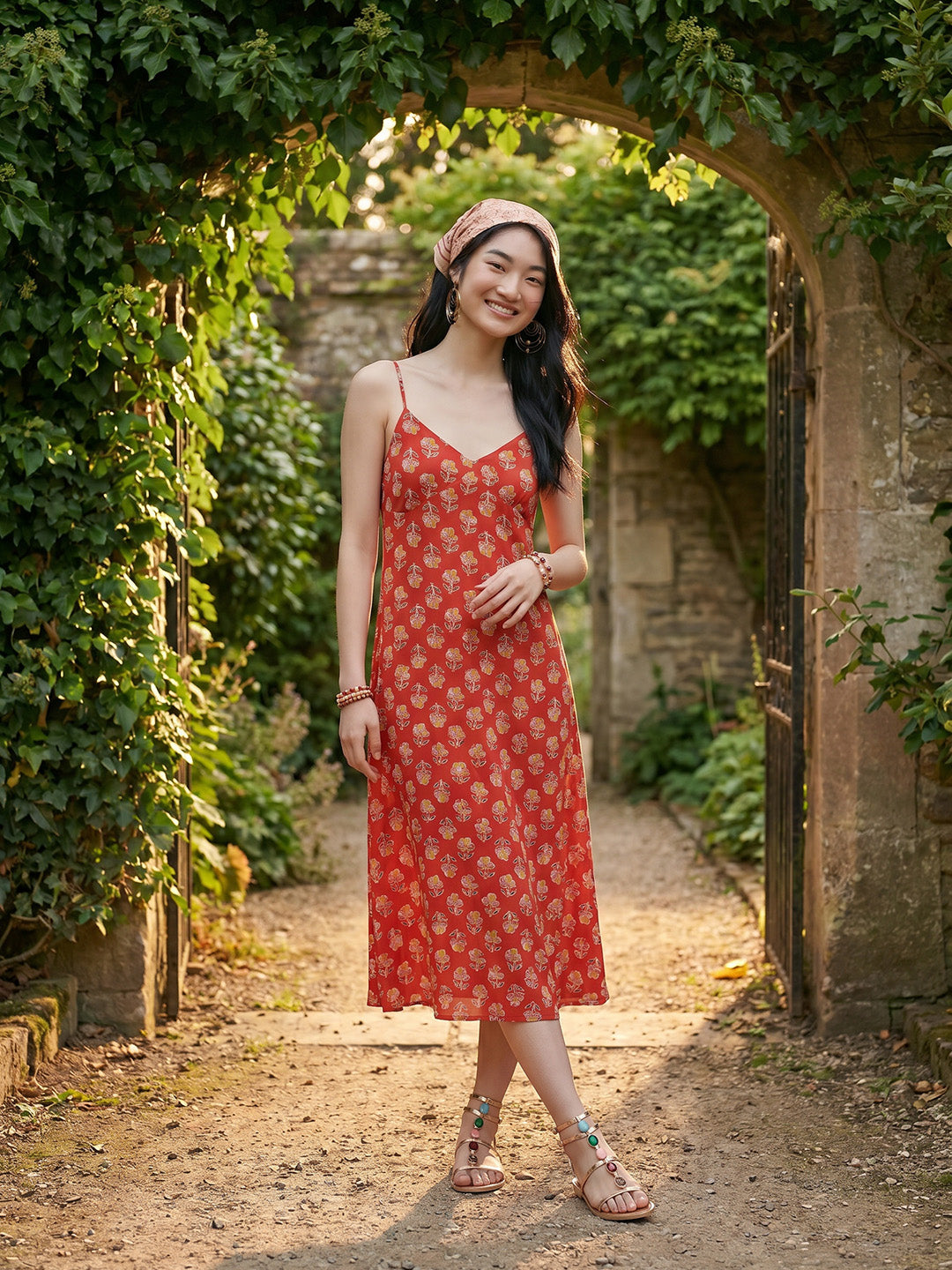 Janasya Red A-Line Cotton Dress - Dista