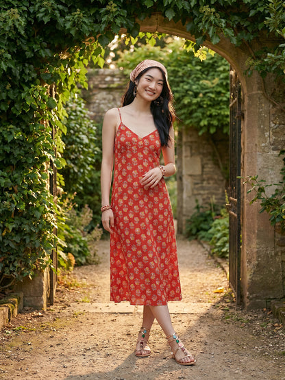 Janasya Red A-Line Cotton Dress - Dista