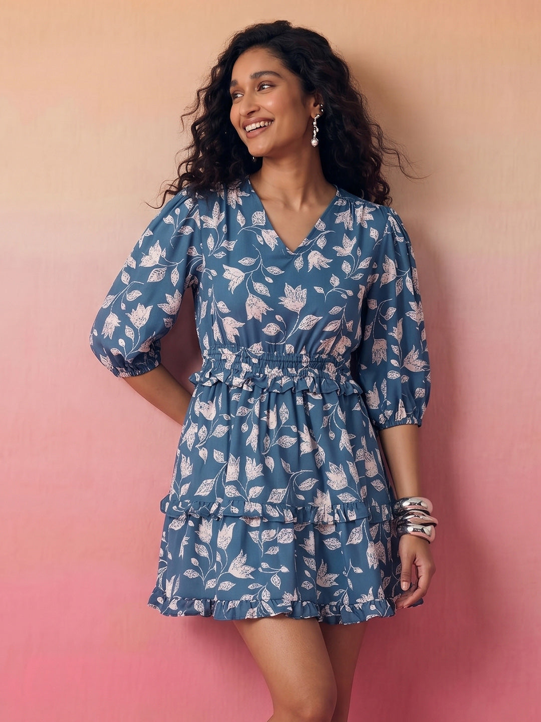 Janasya Blue Fit & Flare Cotton Blend Dress - Dista