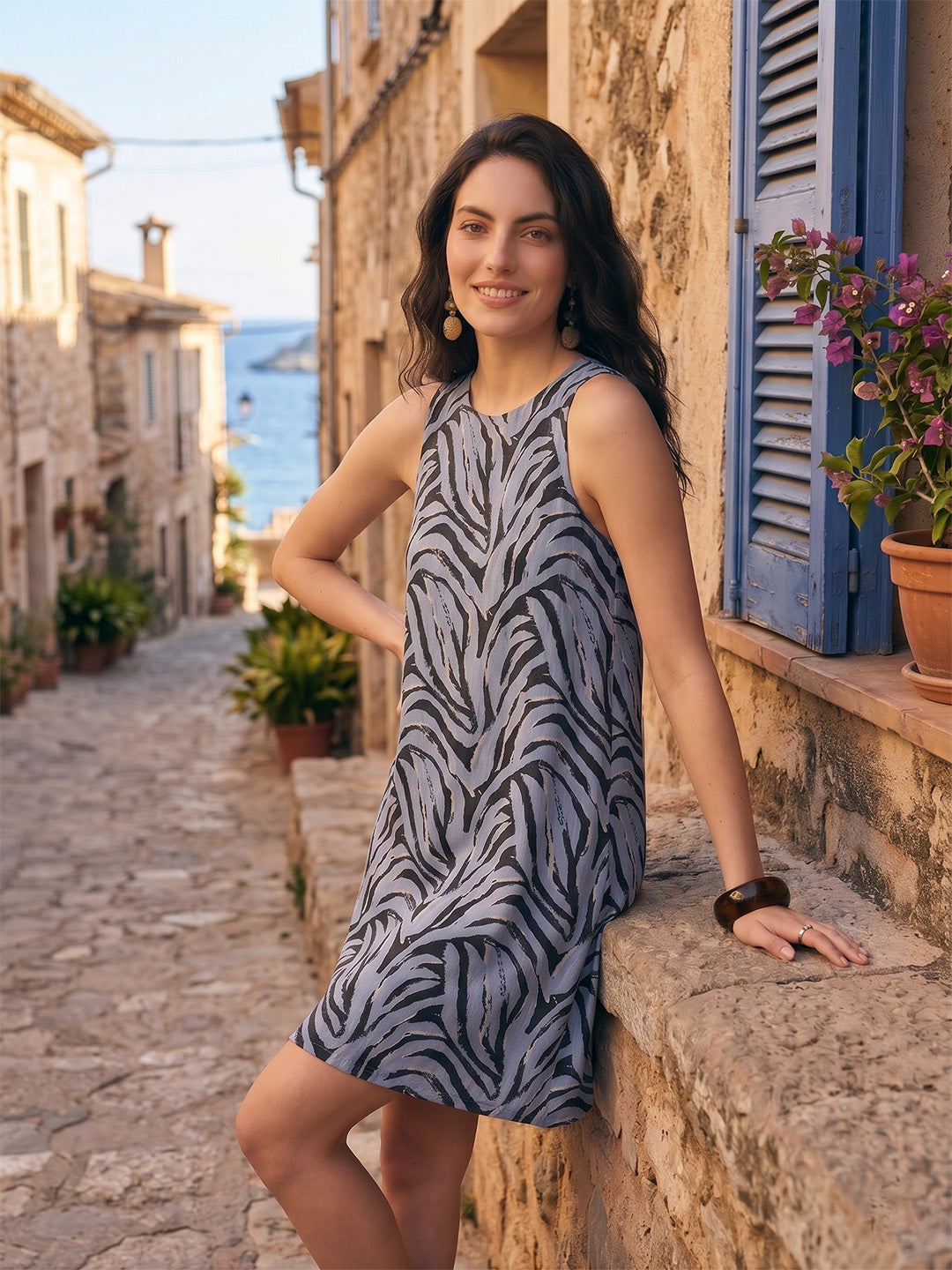 Janasya Blue A-Line Cotton Dress - Dista