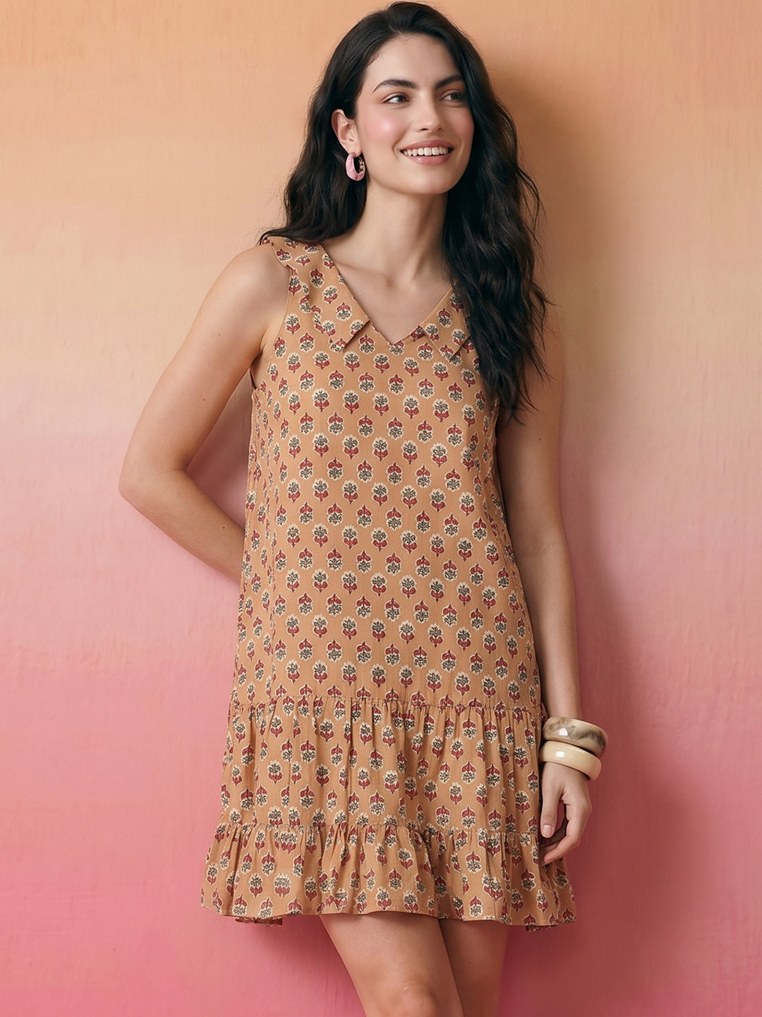 Janasya Beige A-Line Cotton Dress - Dista