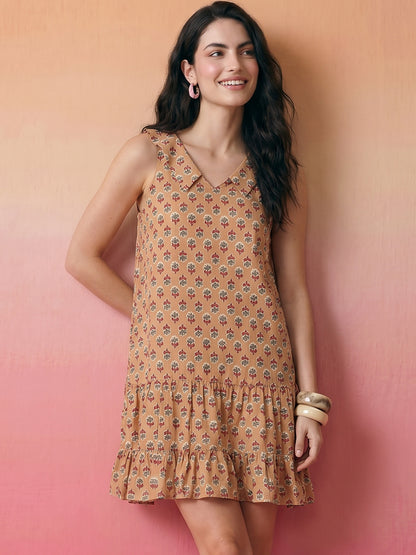 Janasya Beige A-Line Cotton Dress - Dista