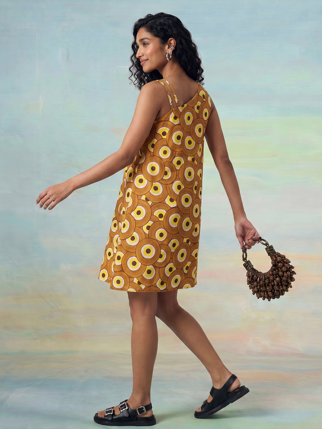 Janasya Brown A-Line Cotton Dress - Dista