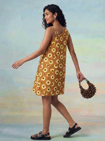 Janasya Brown A-Line Cotton Dress - Dista