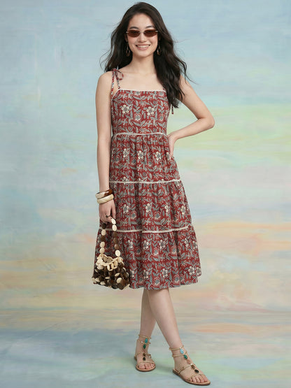 Janasya Maroon Tiered Cotton Dress - Dista