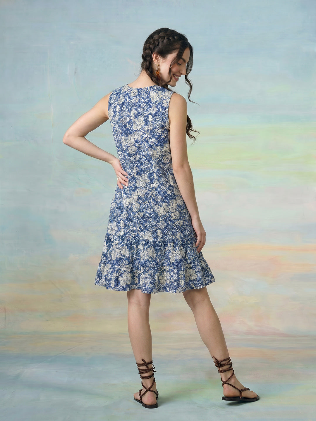 Janasya Blue A-Line Cotton Dress - Dista
