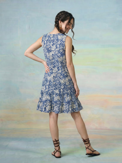 Janasya Blue A-Line Cotton Dress - Dista