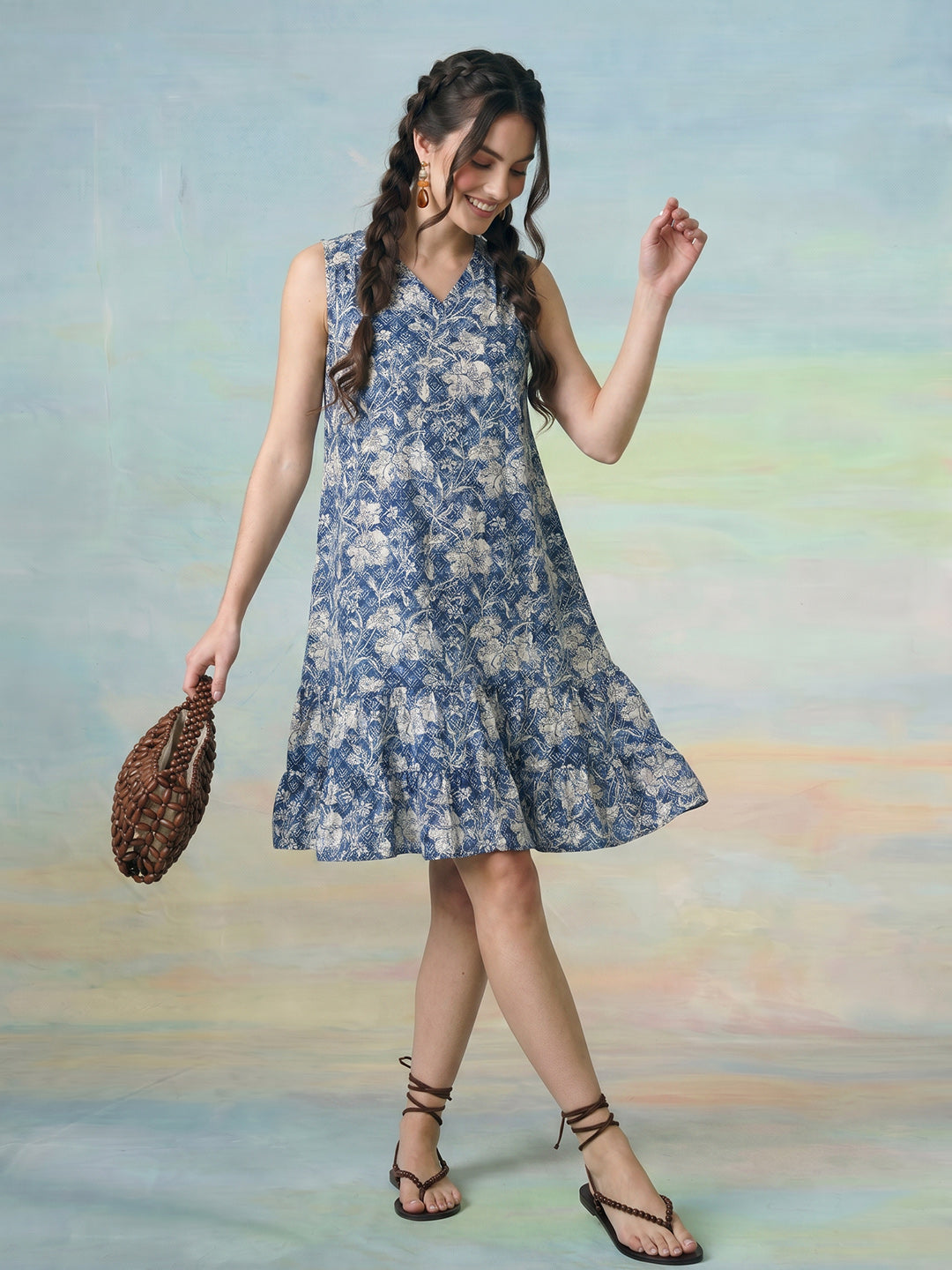 Janasya Blue A-Line Cotton Dress - Dista