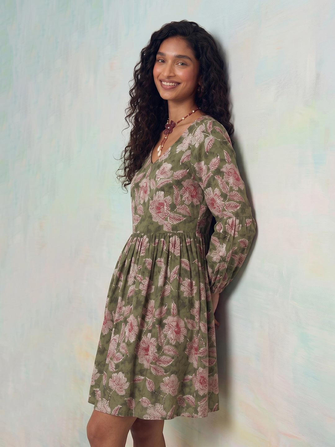 Janasya Sage Fit & Flare Cotton Dress - Dista