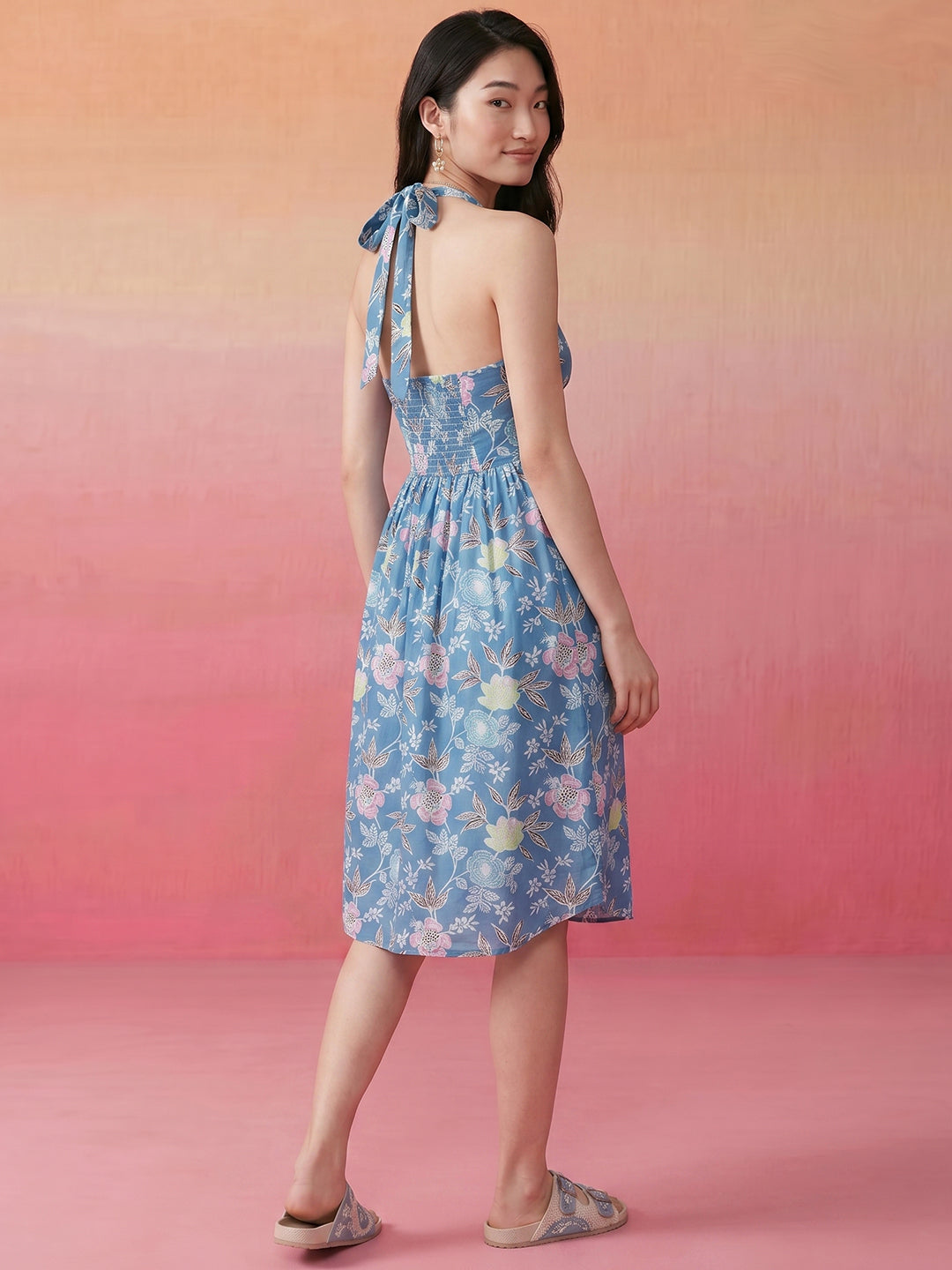 Janasya Sky Blue A-Line Cotton Dress - Dista