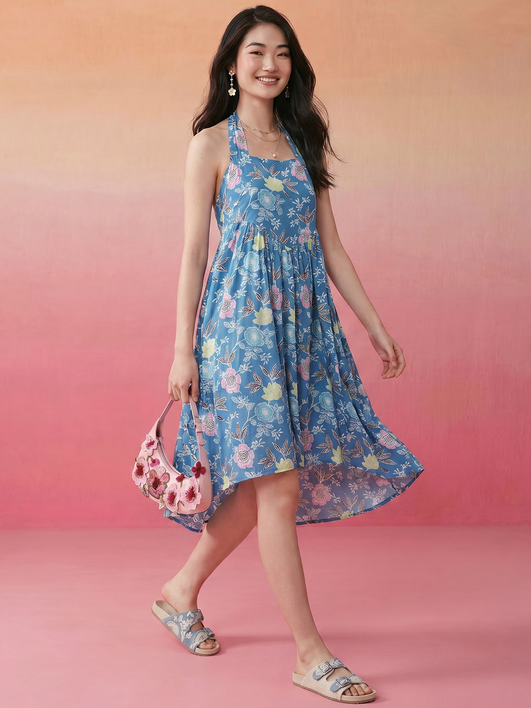 Janasya Sky Blue A-Line Cotton Dress - Dista