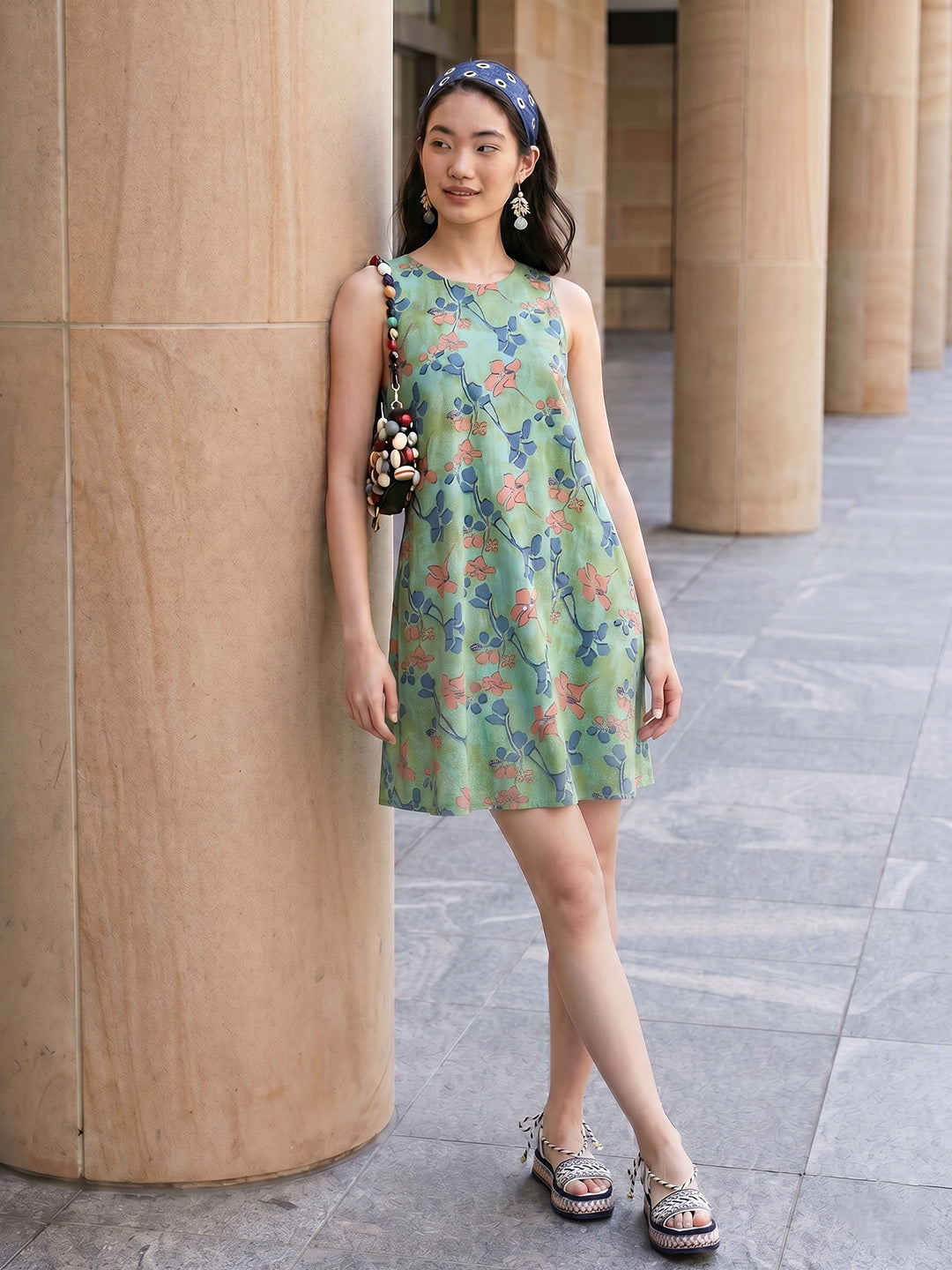 Janasya Green A-Line Cotton Dress - Dista