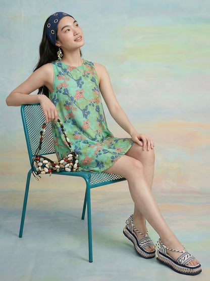Janasya Green A-Line Cotton Dress - Dista