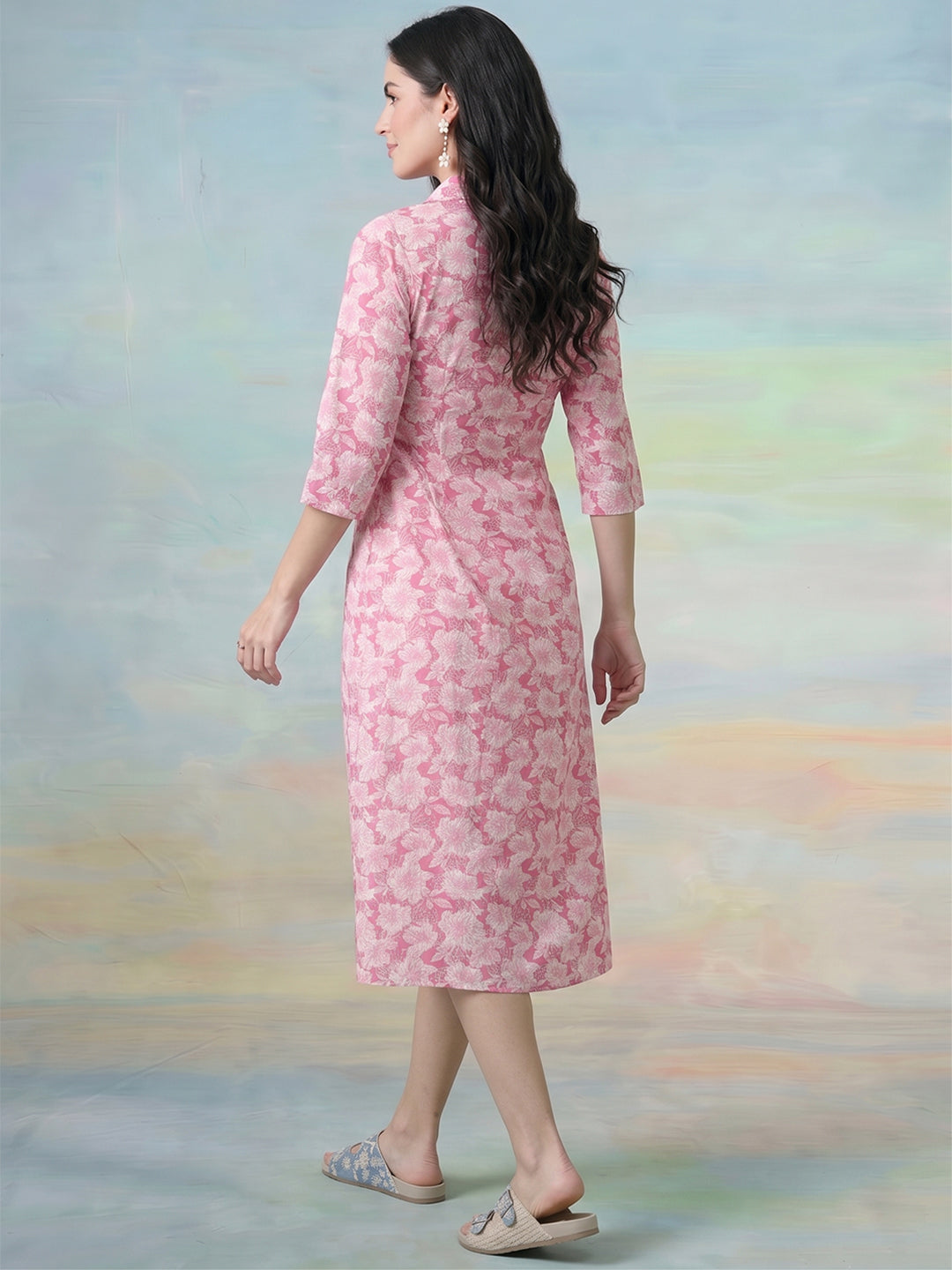 Janasya Pink A-Line Cotton Dress - Dista
