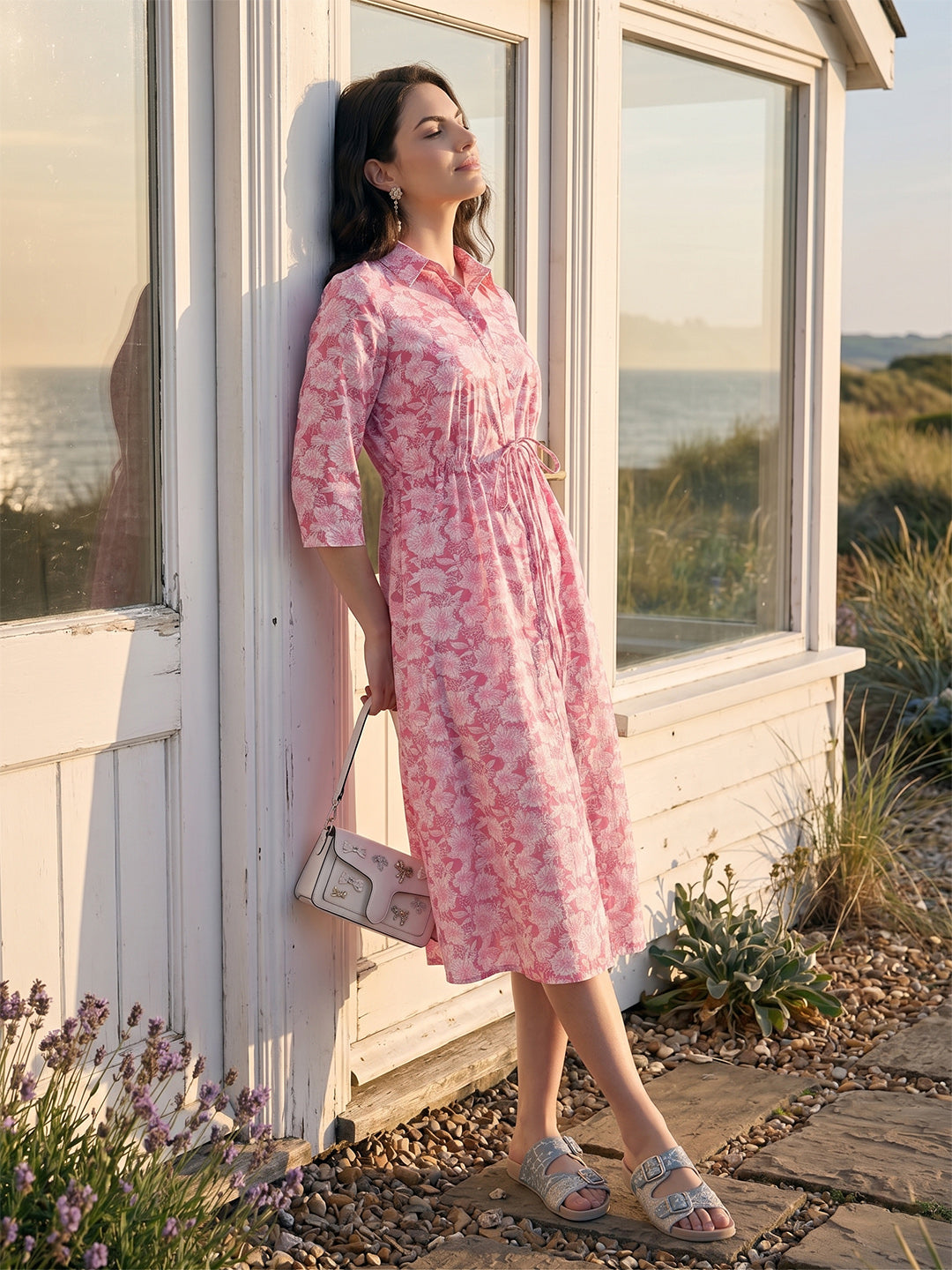 Janasya Pink A-Line Cotton Dress - Dista