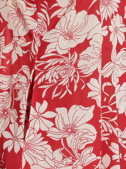 Janasya Red A-Line Cotton Dress - Dista