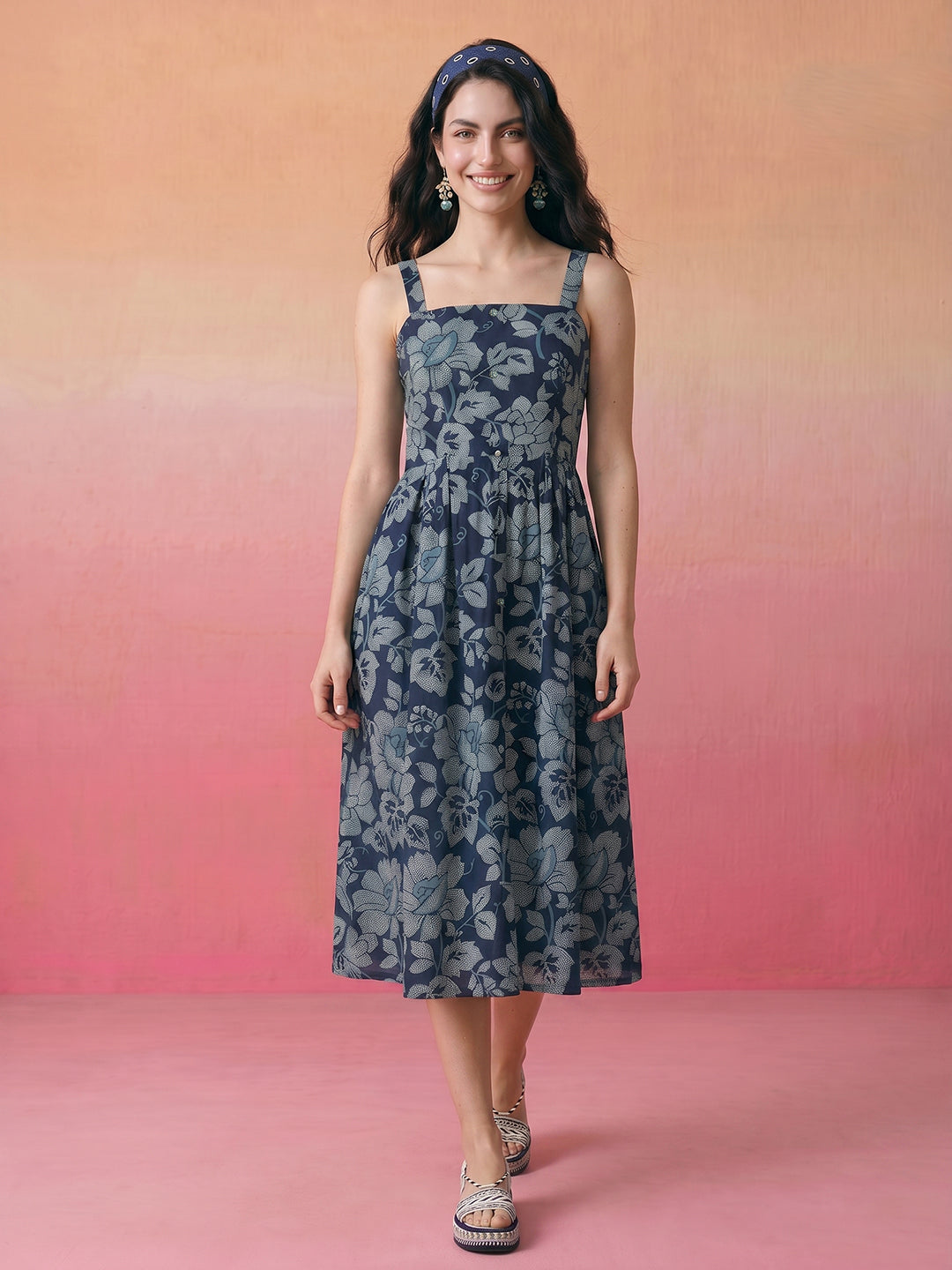 Janasya Navy Blue Flared Cotton Dress - Dista