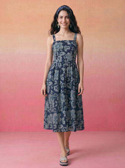 Janasya Navy Blue Flared Cotton Dress - Dista