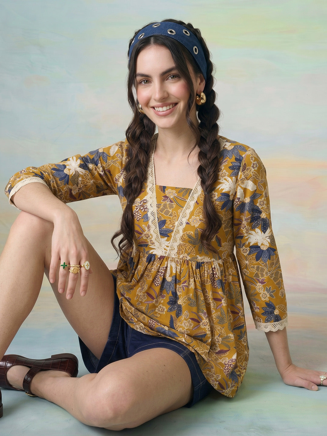 Janasya Mustard A-Line Cotton Top - Dista