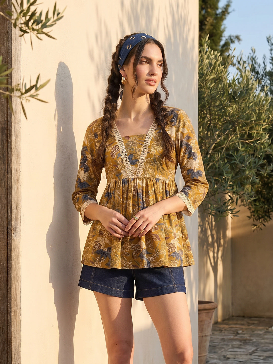 Janasya Mustard A-Line Cotton Top - Dista