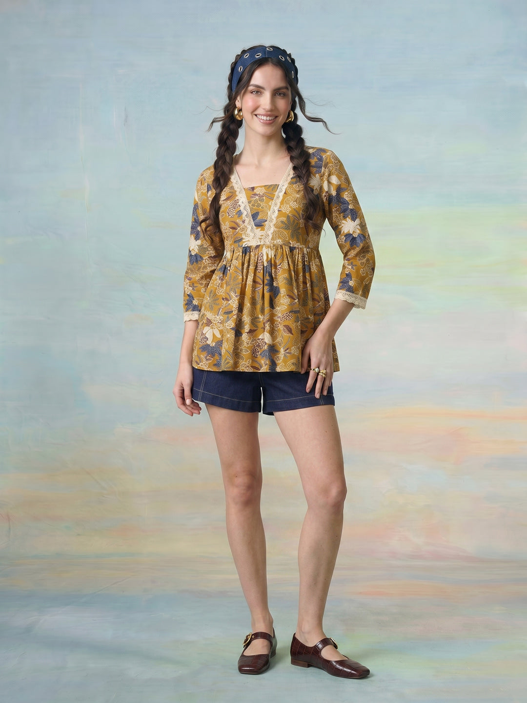 Janasya Mustard A-Line Cotton Top - Dista