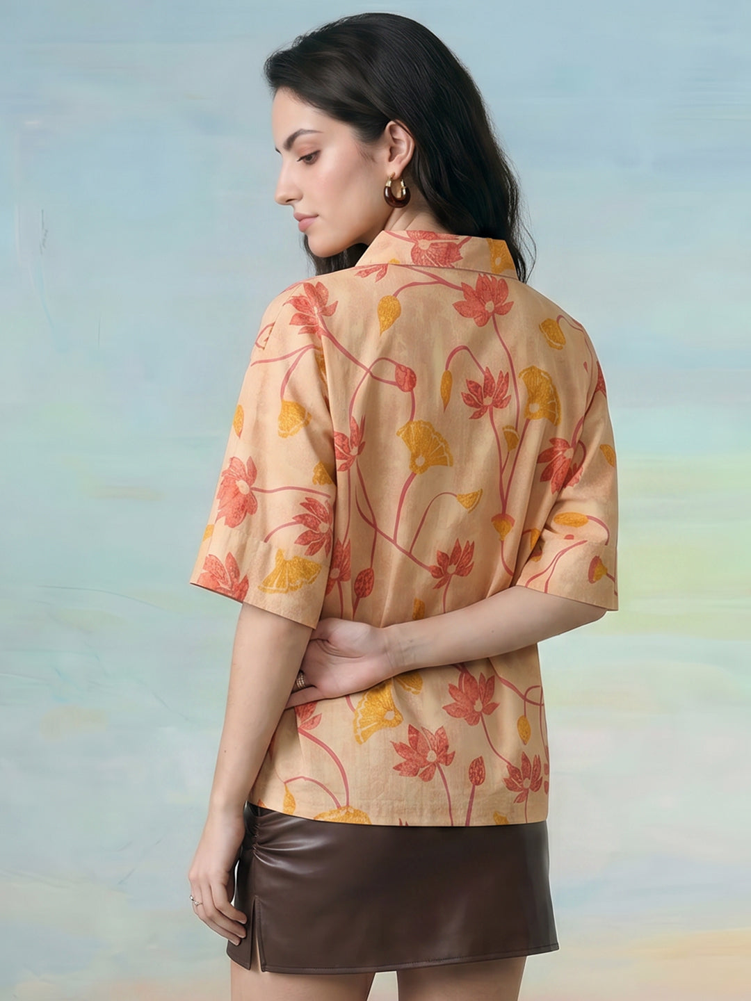 Janasya Beige Shirt Cotton Top - Dista