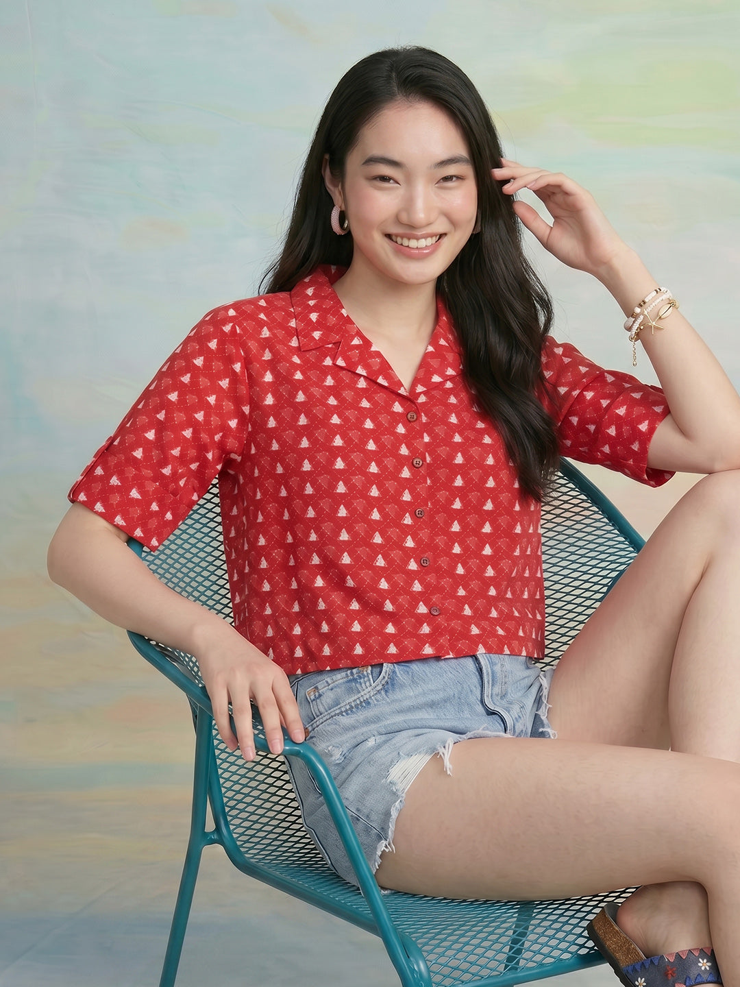 Janasya Red Shirt Cotton Top - Dista